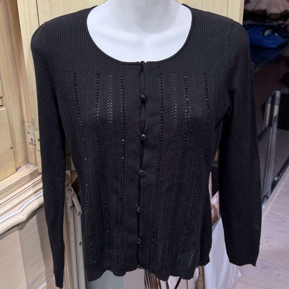 NWT Size SP Ann Taylor Loft Petites Black Beaded Button Down Sweater Long Sleeve